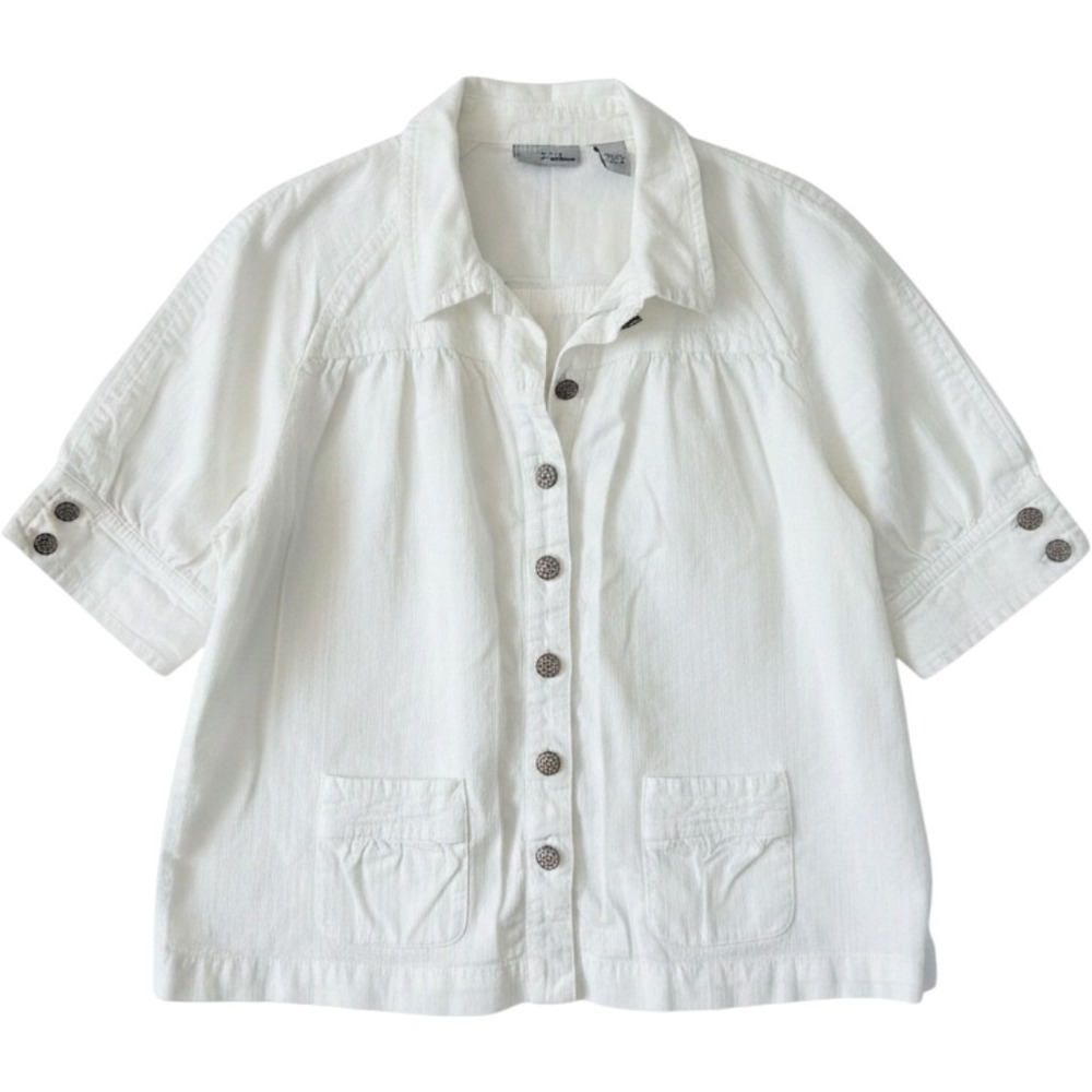 Chico's Platinum Puff Short Sleeve Lightweight Denim Button Up Shirt Size 3